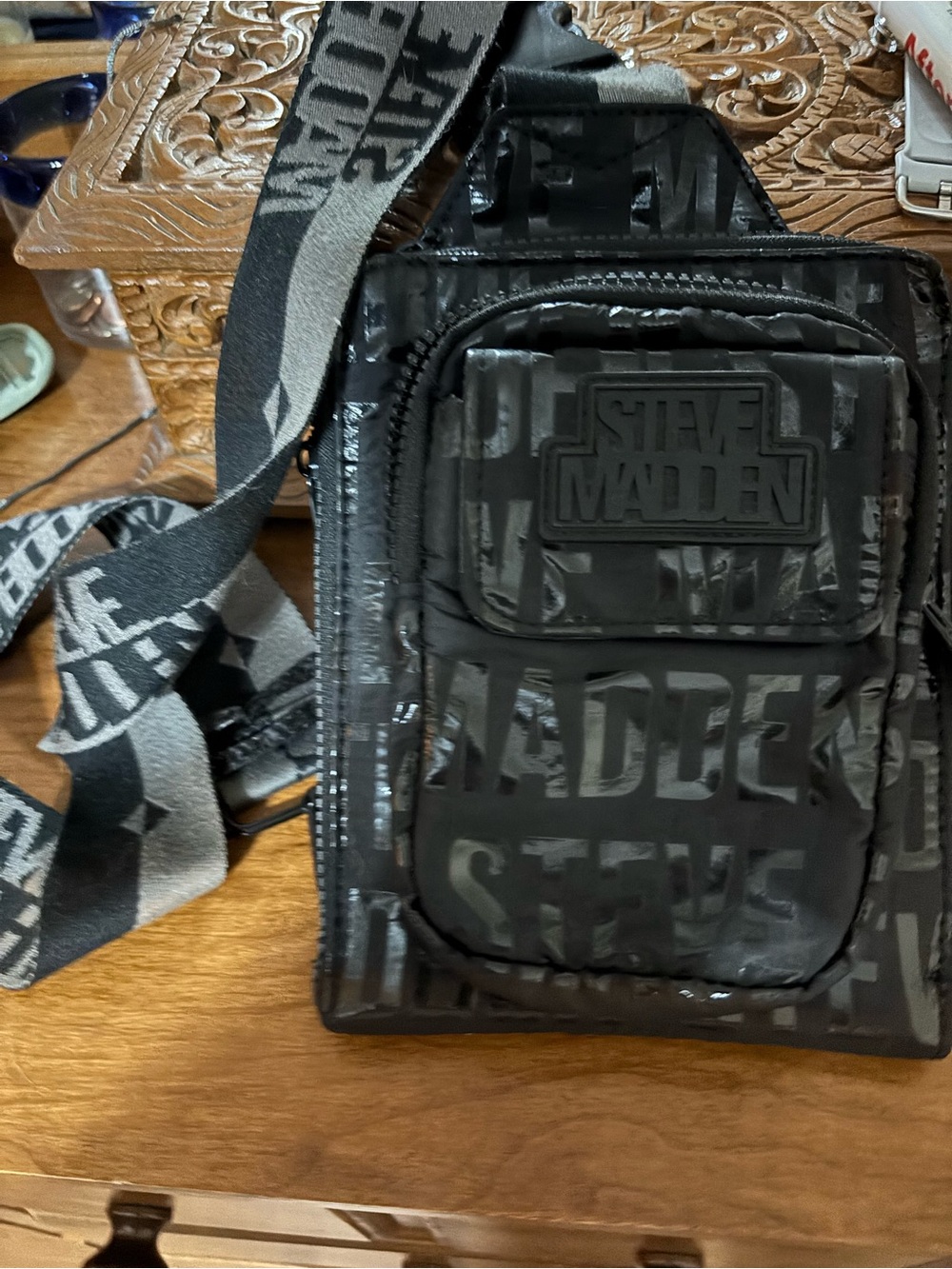 Steve Madden Black Logo Belt Bag with Adjustable Strap